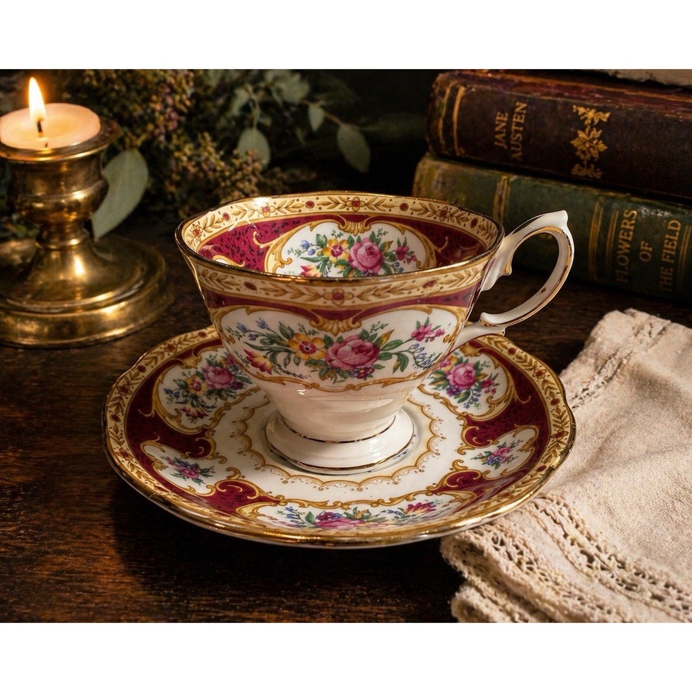Royal Albert Lady Hamilton Teacup & Saucer Bone China England Burgundy Gold